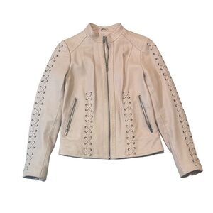 Neiman Marcus women’s S Small pink solid lace-up leather moto leather jacket EUC